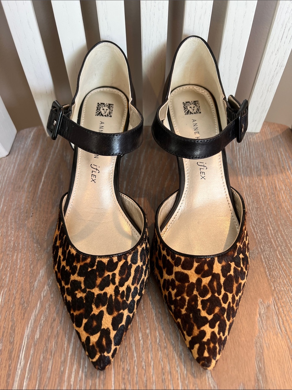Anne Klein Leopard Pointed Toe Ankle Strap Heels - Black & Leopard - Picture 2 of 7